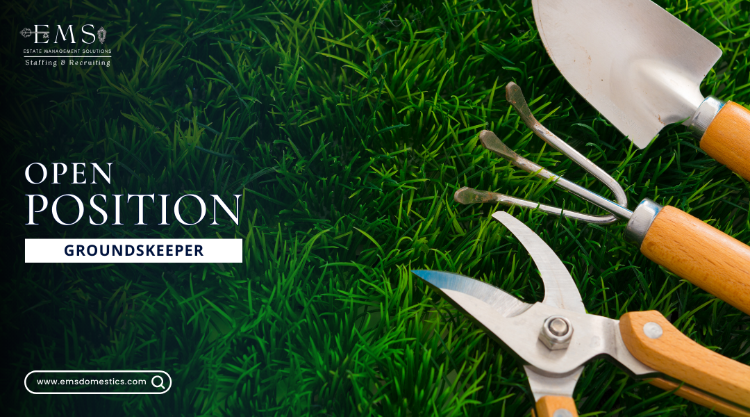 Gardening tools on a lush green grass background with text for an open Groundskeeper position.