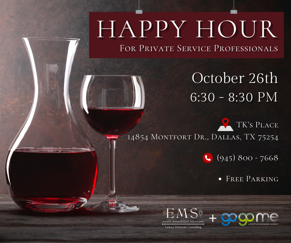 Invitation to a happy hour event for private service professionals at TK's Place, Dallas