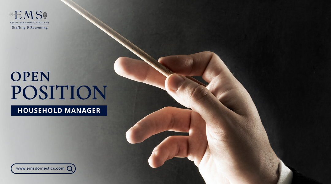 A hand holding a conductor's baton with text announcing an open position for a Household Manager