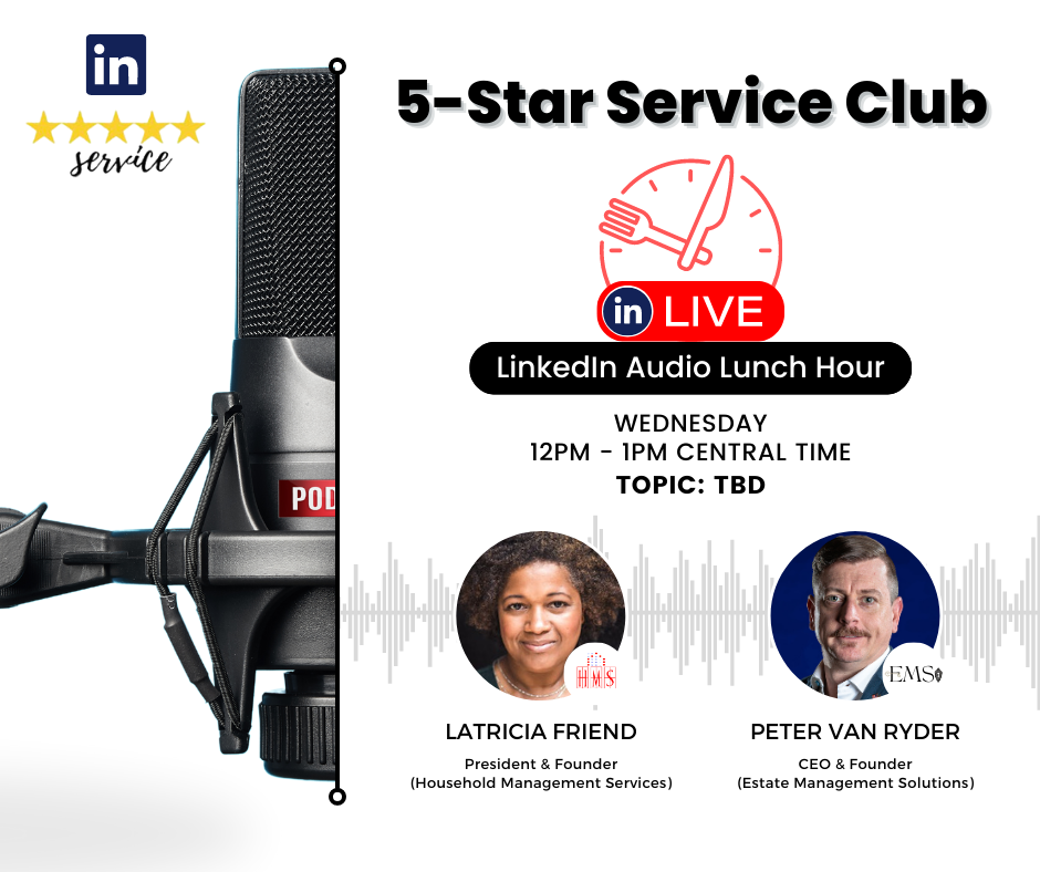 Microphone setup for the 5-Star Service Club LinkedIn Audio Lunch Hour featuring Latricia Friend and Peter Van Ryder.