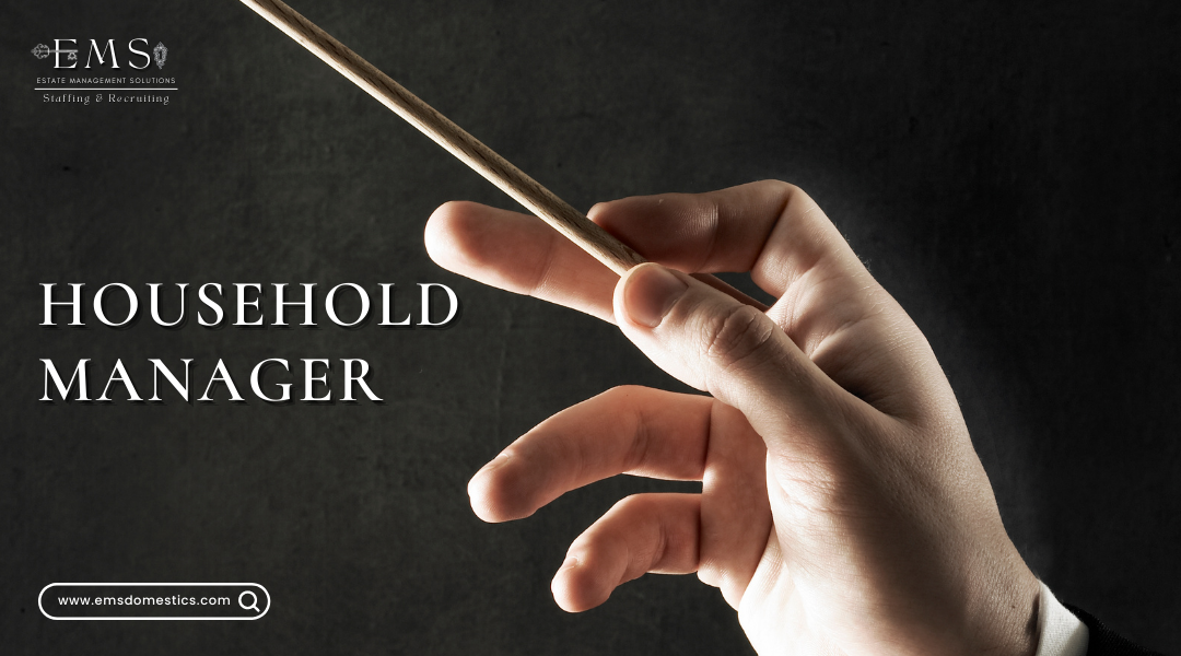 Close-up of a hand holding a conductor's baton, symbolizing leadership and management, for a Household Manager position at Estate Management Solutions.