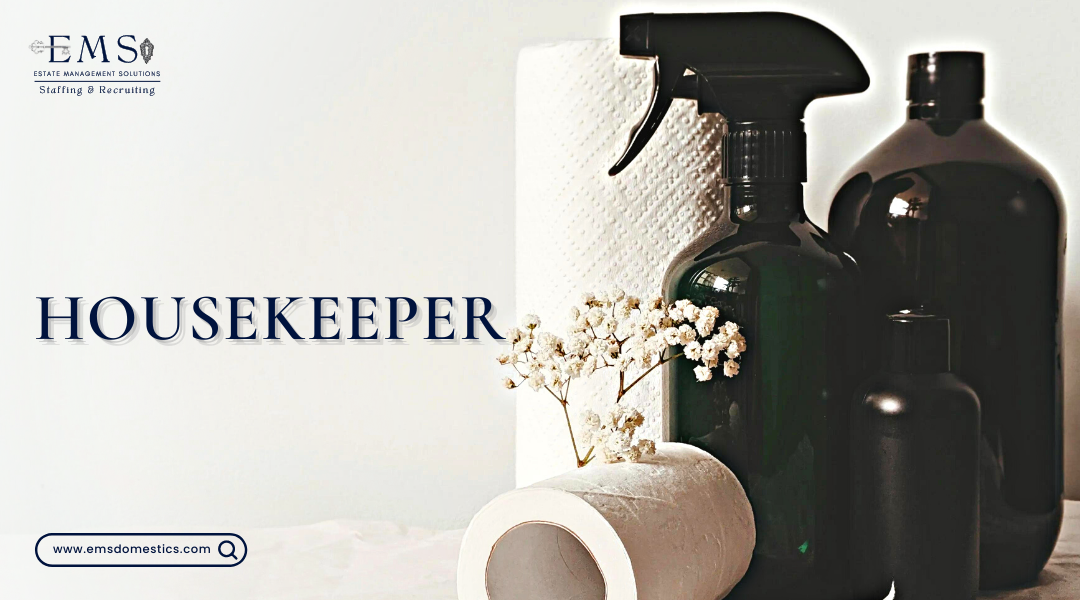 Professional housekeeping supplies arranged neatly with a white floral accent indicating a job opening for a Housekeeper at Estate Management Solutions.