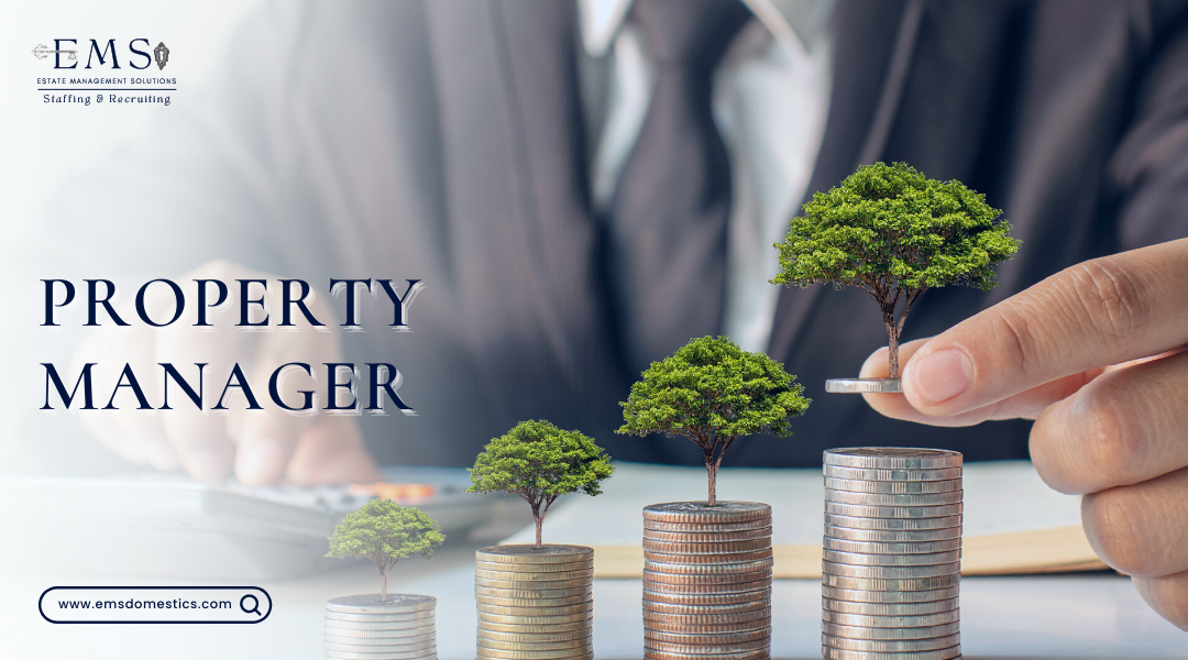 Business professional nurturing financial growth symbolized by trees growing on coin stacks for a Property Manager role at Estate Management Solutions.