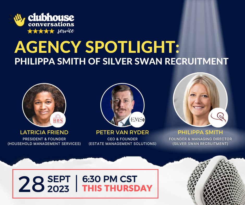 Promotional graphic for a Clubhouse event featuring speakers from various recruitment agencies.